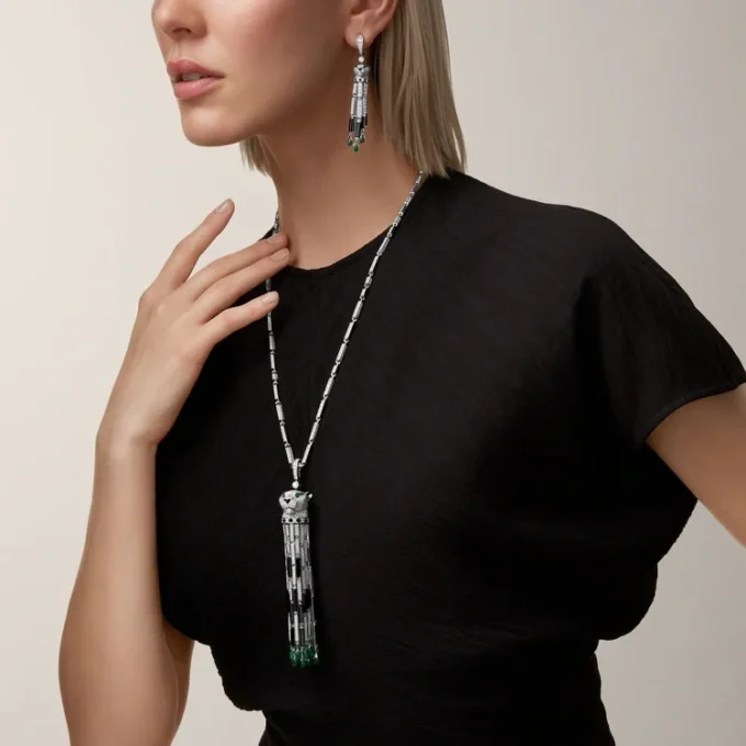 Panthere De Cartier Earrings, Emeralds, Paved Panthere De Cartier Earrings, Emeralds, Paved